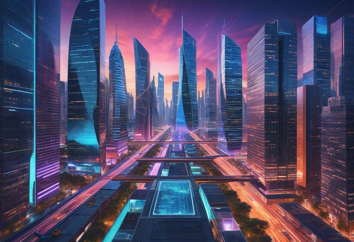 A vibrant, bustling digital cityscape with interconnected skyscrapers representing different aspects of web development like coding, interface design, SEO, and content creation. Include elements like coding lines, website wireframes, SEO graphs, and creative content icons seamlessly integrated into the buildings. super-realistic. vibrant colors. futuristic style.