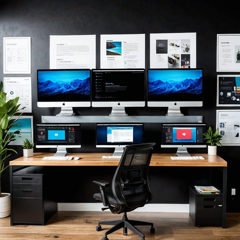 A sleek, modern desk with dual monitors showcasing stunning website designs, a secure server rack in the background, and a stylish wall filled with design mood boards. The scene should highlight elements of creative design, advanced web hosting, and robust cybersecurity measures. super-realistic. vibrant colors.