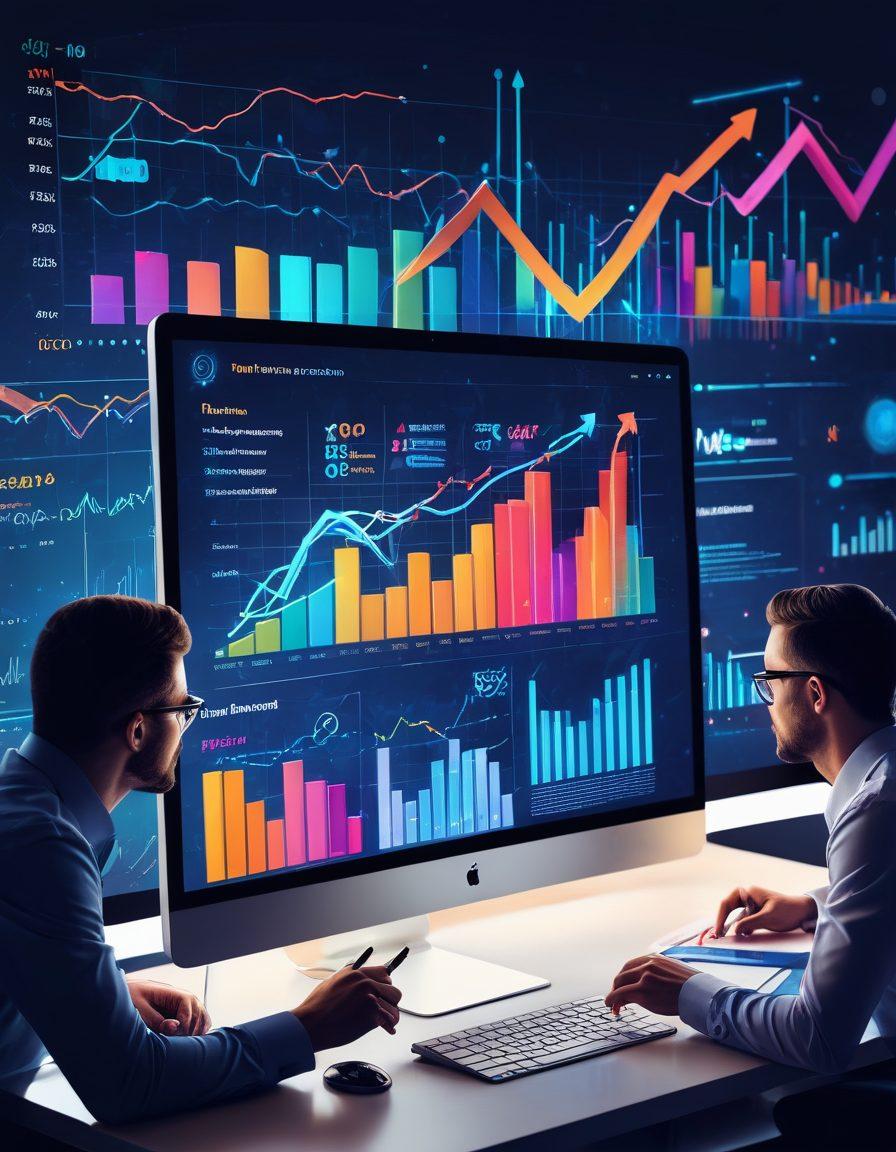 A vibrant digital landscape with a rising bar graph, computer monitors displaying analytics, and a magnifying glass highlighting SEO keywords. A sleek website design in the background with arrows pointing upwards, symbolizing growth. Diverse professionals collaborating at a table with laptops. futuristic digital art. vibrant colors.